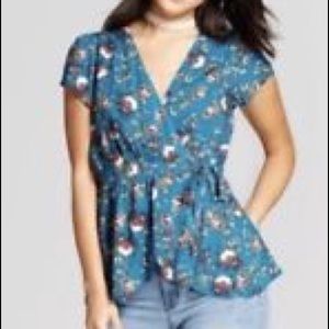 Blue floral wrap front blouse
